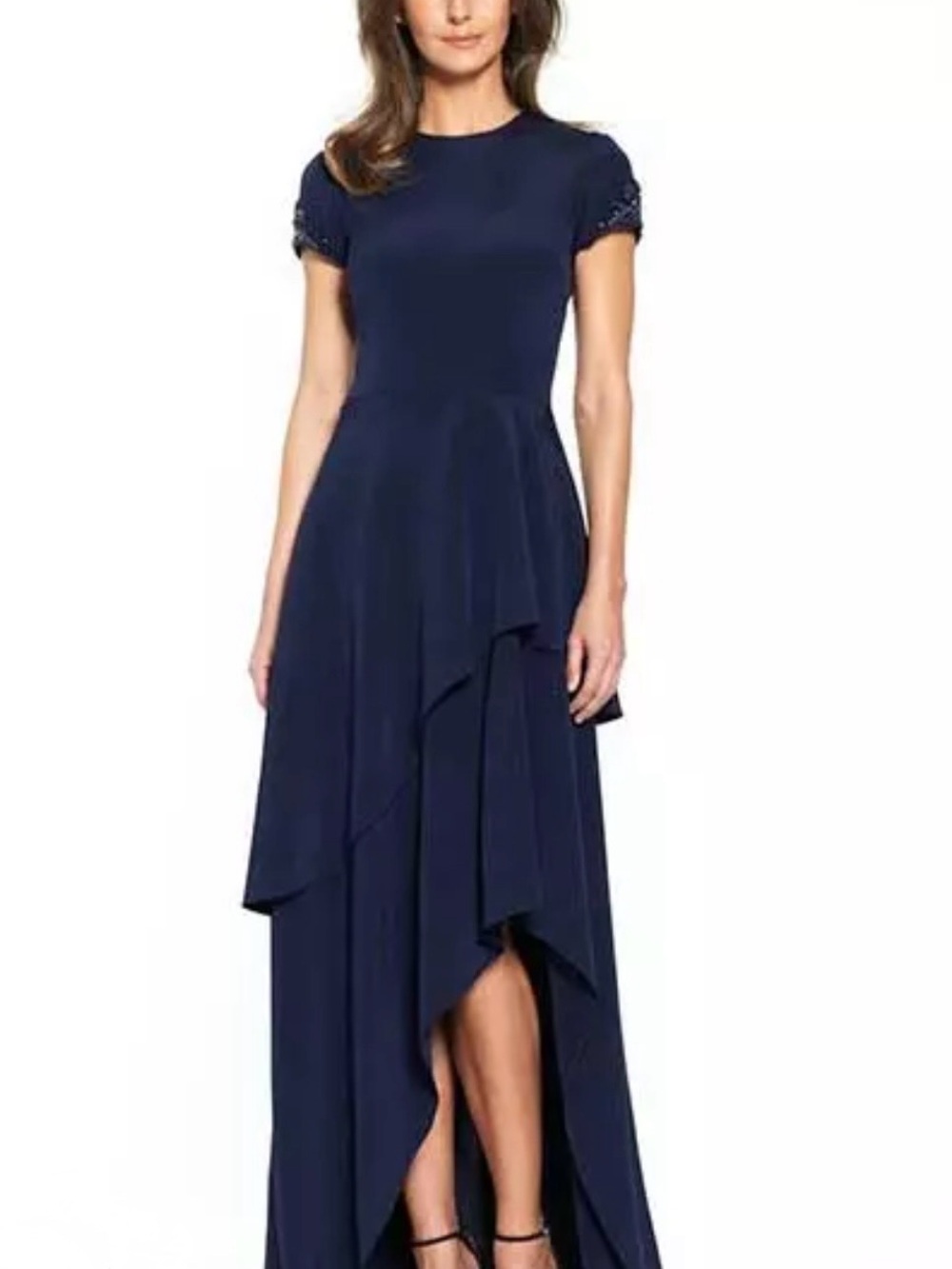 David Meister Navy Short-Sleeve High-Low Tiered Evening Dress